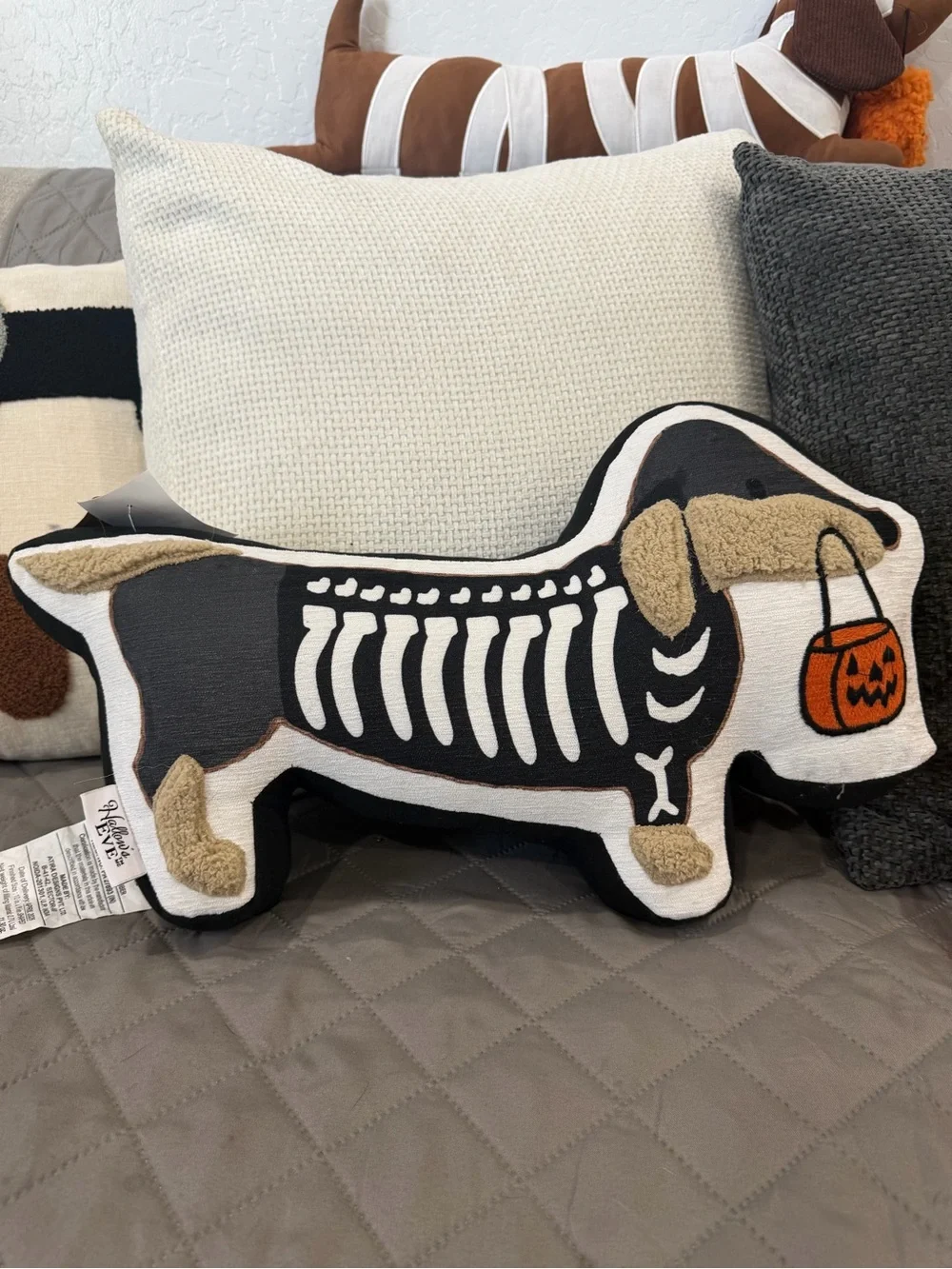 Halloween Dachshund Skeleton Decorative Throw Pillow - Black & White